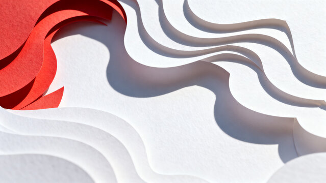 Abstract 3D paper background with flowing layered wave shapes, soft curved surfaces, and elegant red, gray, and white color accents.