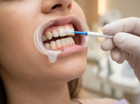 Dentist Applying Fluoride Varnish Protective Gel to Patient Teeth Close Up in Dental Clinic