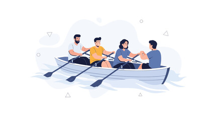 Obraz premium Teamwork Concept: Diverse Group Rowing Together in a Boat on Water