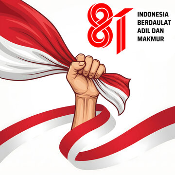 Hand Holding Indonesia National Flags with Decorative Ribbon Style 81 Tahun Illustration and Symbolic Design Concept