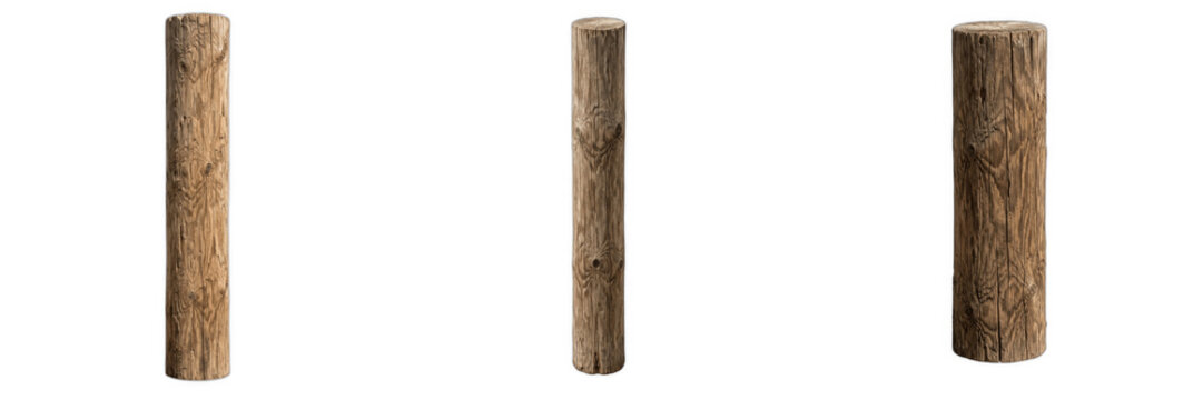 Set of Wooden Logs Isolated on White Background, Natural Timber Poles for Construction and Carpentry, Brown Wood Texture Texture Elements, Rustic Forestry Material Collection for Design Projects