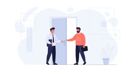 Obraz premium Two businessmen opening a door, modern vector illustration for business and teamwork concepts.