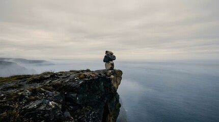 Fototapeta premium Man standing on ocean cliff edge overlooking water