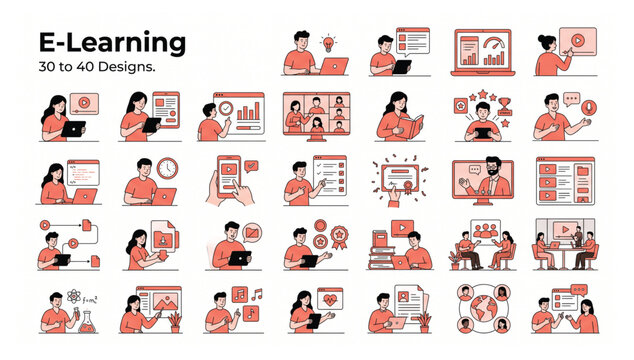 E-learning educational platform concept vector illustrations set representing virtual classrooms and remote digital skill development with education e-learning learning knowledge training
