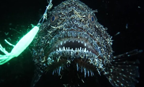 A Monstrous Anglerfish With A Bioluminescent Lure Slowly Approaching Camera From The Depths Of Darkness
