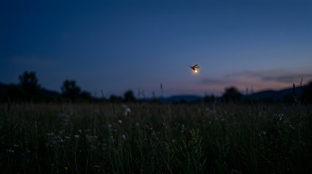 Firefly Glowing and Hovering Above a Dark Meadow at Dusk