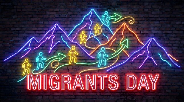 Bright neon sign displaying migrants day with glowing mountain silhouettes and walking stick figures on a dark textured brick wall