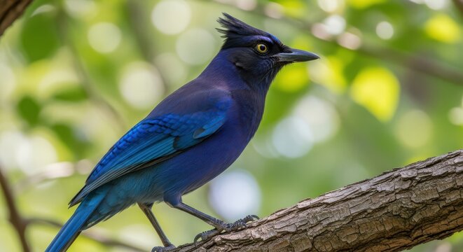 Steller's jay perched on a branch in a lush green forest