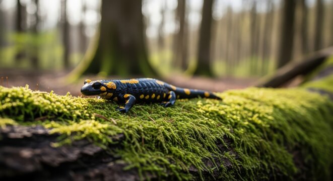 Scorpion crawls on mossy log in a dimly lit forest with blurred trees background