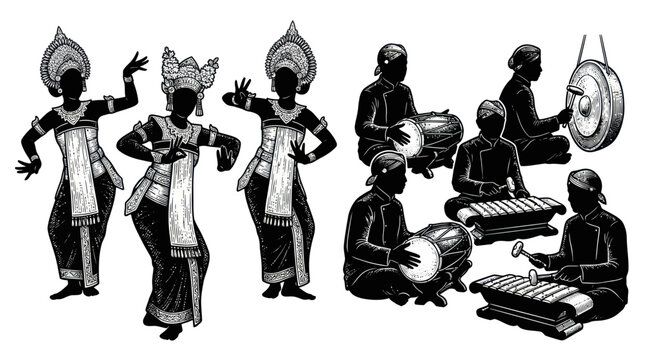 Indonesian gamelan musicians and dancers in woodcut style
