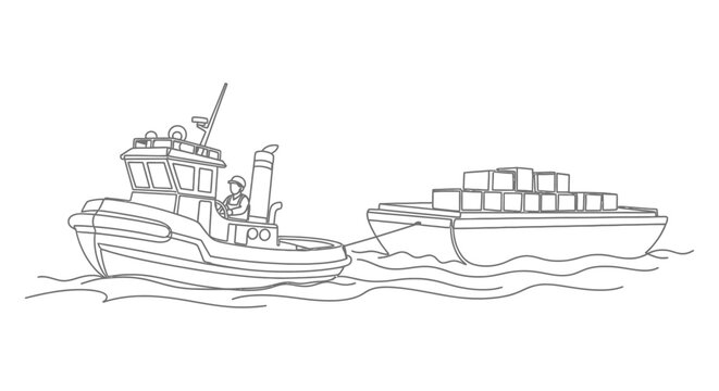 Tugboat towing large cargo ship at sea.