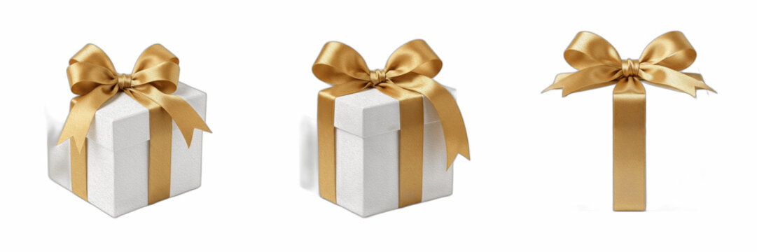 Set of White Gift Boxes with Luxury Gold Ribbons Isolated on White Background, Elegant Present Packages for Holidays and Celebrations, Premium Festive Gift Collection for Birthday Christmas and Annive