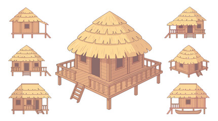 Obraz premium Collection of stilted huts with thatched roofs