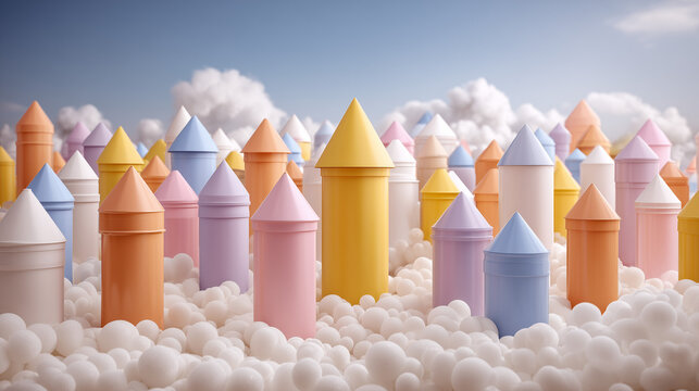 Vibrant Rocket Festival Launches Colorful Space Age Amidst Whimsical Cloudy Landscape