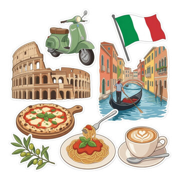 Italy Travel, Culture, and Food Illustration Sticker Sheet