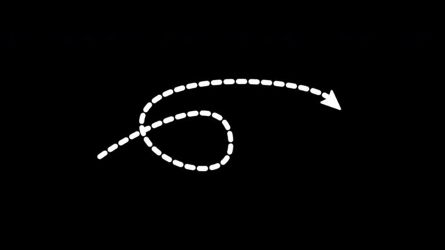 White Curved Dashed Arrow Animation Creating Spiral Loop and Forward Direction on Black Background, 4K Video