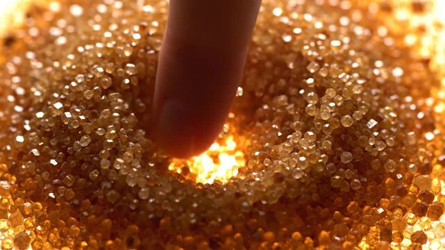 Overhead Macro Close-Up of Raw Cane Sugar Crystals Illuminated from Below
