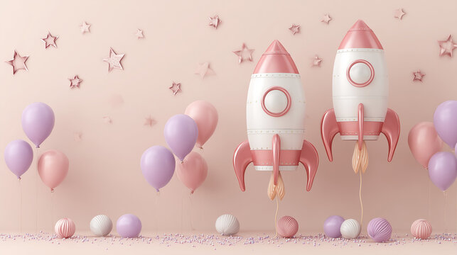 Rocket Festival scene with pink rockets and balloons floating in air