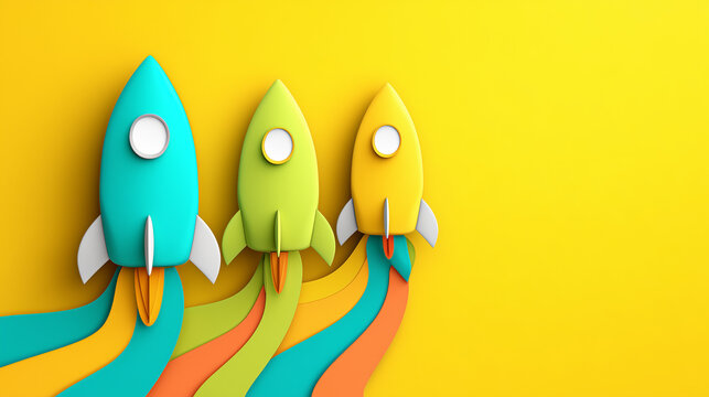 Vibrant Rocket Festival Launches Colorful Space Rockets into Bright Yellow Sky