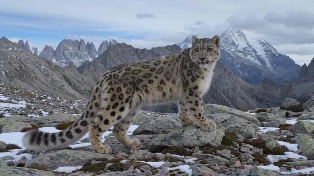 Majestic Snow Leopard Standing Proudly on Rocky Outcrop Amidst Snow-Capped Mountain Peaks