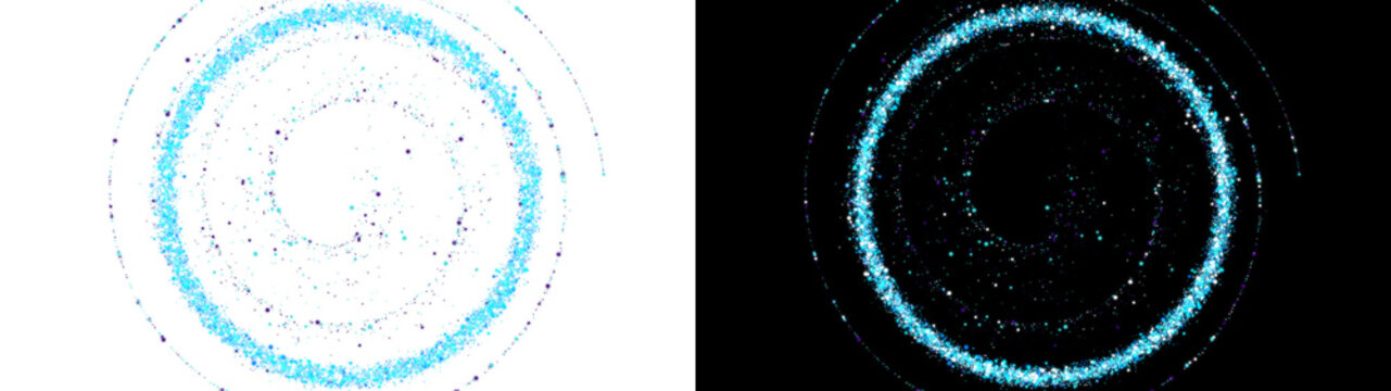 PNG image of Glowing blue particle portal frames, futuristic magic circle light effects, set of two neon energy ring illustrations for gaming and sci-fi isolated on Transparent Background