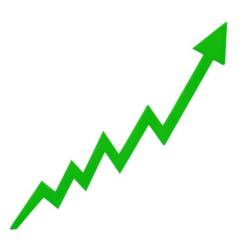 Green upward pointing arrow graph line showing business growth isolated on transparent background
