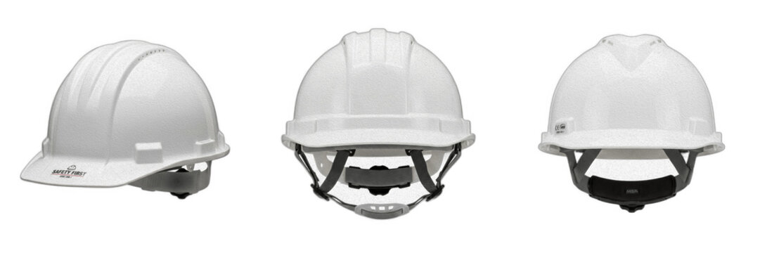 White Hard Hats Set Isolated on White Background, Professional Protective Safety Helmets for Construction Workers, Industrial Head Protection Gear, Site Safety Equipment Collection for Builders, Engin