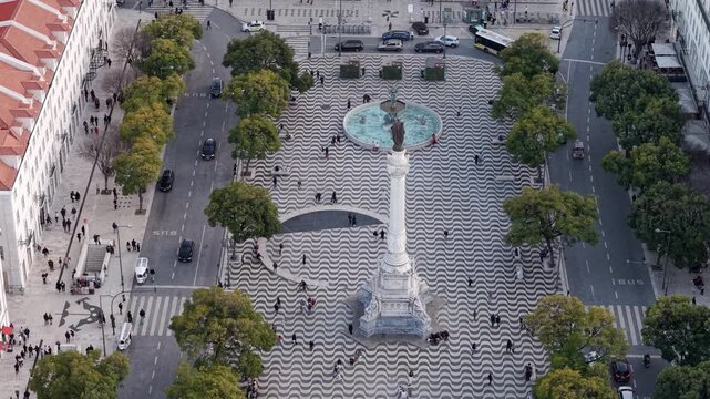 The King Pedro IV Square, Rossio Square in Pombaline Downtown of Lisbon, Aerial drone shot