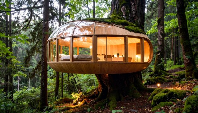 Futuristic spherical wooden treehouse pod glowing inside a lush mystical forest.