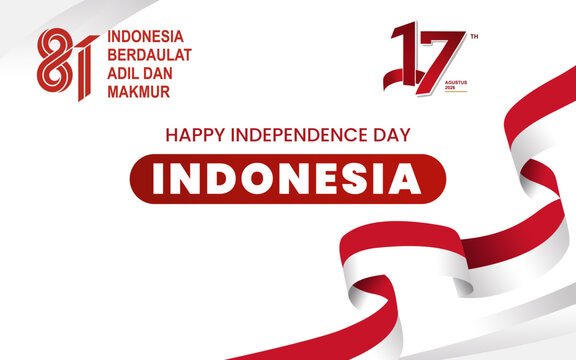Modern Indonesia 81st Independence Day banner featuring the National Monument, Garuda emblem, red and white ribbons, and patriotic typography for August 17 celebrations and events.