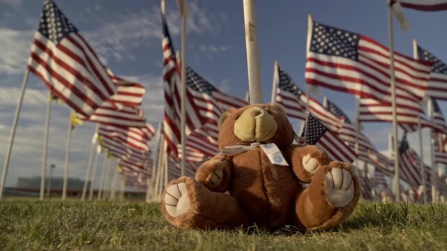 A solitary stuffed teddy bear rests on the grass beneath rows of American flags blowing in the wind at a park memorial. Captured from a low angle at dusk conveying a sense of childhood loss.