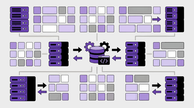 Flat Vector Illustration of Database Management System Flow with Servers, Data Blocks, Gears, and Code Icon, Representing Data Processing and Network Architecture