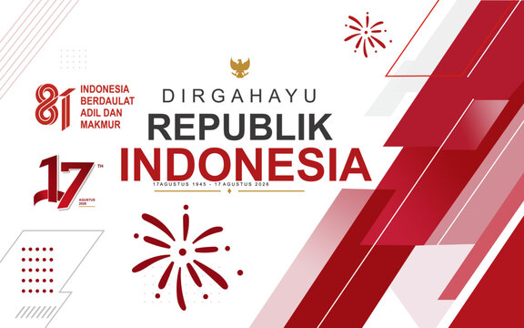 Modern Indonesia 81st Independence Day banner featuring the National Monument, Garuda emblem, red and white ribbons, and patriotic typography for August 17 celebrations and events.