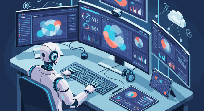Robot working at a computer with multiple monitors displaying data.