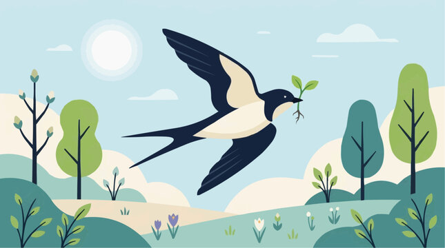 2D Flat Vector Swallow bird flying with a sprout in its beak over a spring landscape