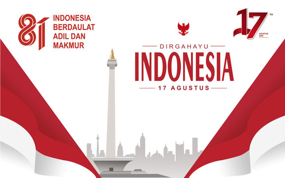 Modern Indonesia 81st Independence Day banner featuring the National Monument, Garuda emblem, red and white ribbons, and patriotic typography for August 17 celebrations and events.