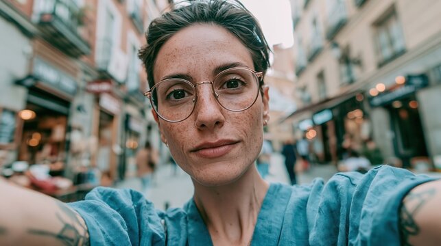 Paris France Europe lifestyle. A closeup portrait of a woman captured in a candid moment on a city street. She wears round, goldframed glasses and a light blue blouse. Her hair is pulled back.