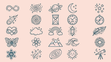A collection of celestial and mystical symbols, including planets, stars, moons, and abstract designs, presented in a clean, line-art style. © indira