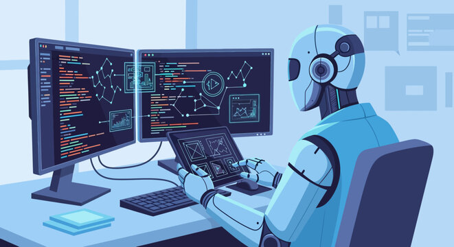 Robot programmer working on computer code on multiple screens.