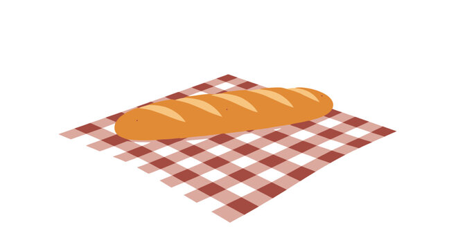 Artisan crusty French baguette loaf resting on a red and white checkered gingham cloth napkin, isolated on a white background. Detailed vector illustration of fresh bakery food.