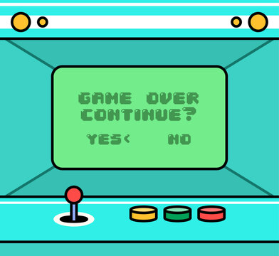 Retro arcade machine with a pixel game over continue screen, joystick, and buttons. Ideal for gaming, nostalgia, arcade, retro technology, and entertainment concepts vector illustration
