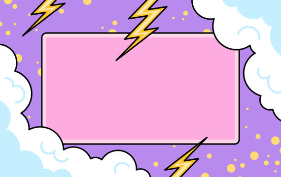 Hand drawn comic frame with fluffy clouds, lightning bolts, and a blank speech bubble for messages, announcements, posters, and social media designs illustration vector background