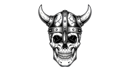 Horned viking skull in vintage woodcut line art style © cicik