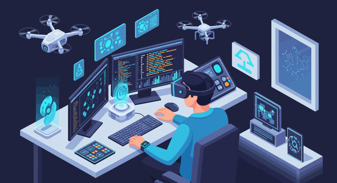 Man wearing VR headset controlling drones and computers with futuristic technology.