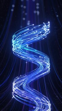 Glowing digital data lines moving in a spiral motion through a network of fiber optic cables