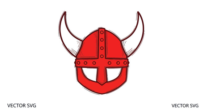 Red viking helmet with large horns in a hand-drawn style