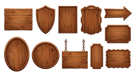 Rustic wooden signs collection, vintage wood planks and hanging boards vector set, brown timber frames and blank directional arrow for game UI © gulshan