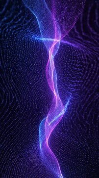 Glowing digital particles forming elegant wavy lines with blue and purple neon light effects