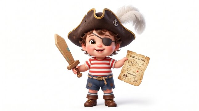 Cute Cartoon Pirate Boy with Treasure Map and Wooden Sword