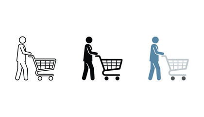 Customer pushing shopping cart icon set featuring line art solid black and blue flat design variations for retail ecommerce and supermarket mobile app interface elements on white background © TARU STOCKPLC